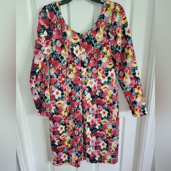 Betsey Johnson Long Sleeve Pink Floral Print Scuba Sheath Midi Dress Size 10 - Picture 5 of 6